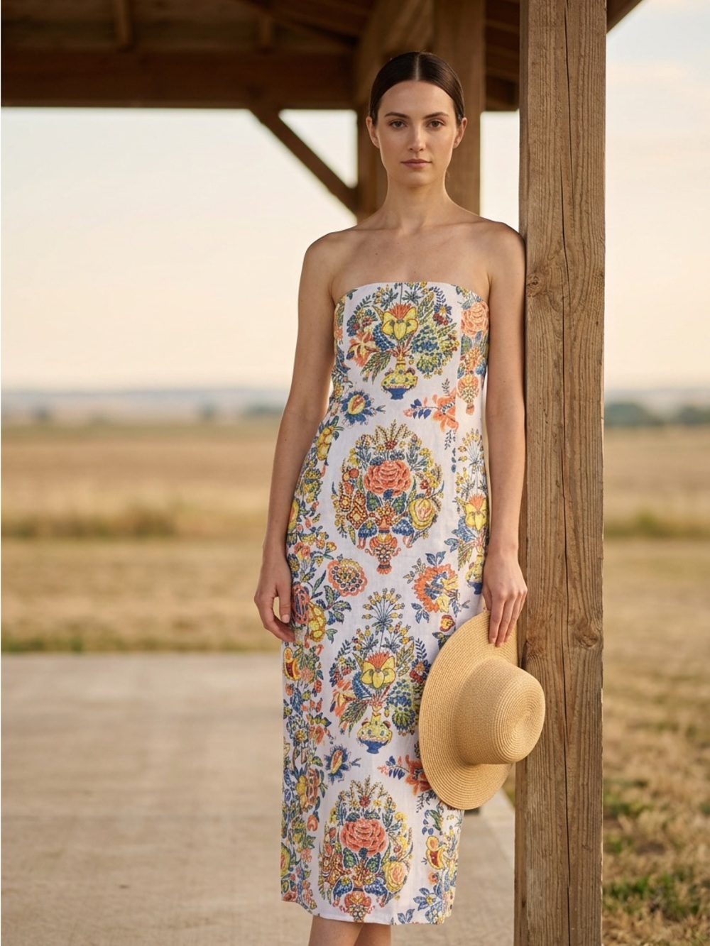 Anthropologie White Strapless Floral Midi Dress